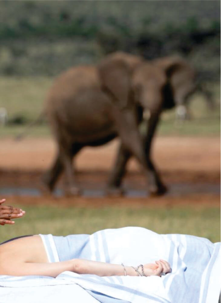 elephant passing near young masseuse giving an attractive woman back massage in open field on Masai Mara Sopa Lodge Safari tour