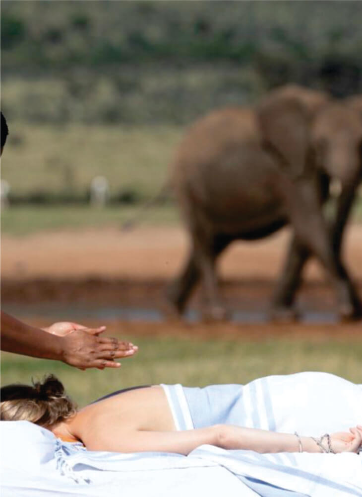 elephant walking near young masseuse giving an attractive woman back massage in open field on Masai Mara Sopa Lodge Safari tour