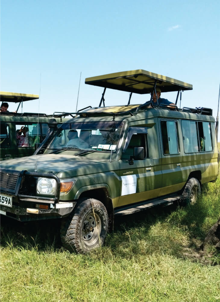 two green 4x4 jeep with pop up tops carrying group of tourists on green grass field in Masai Mara during Masai Mara joining jeep safari tours