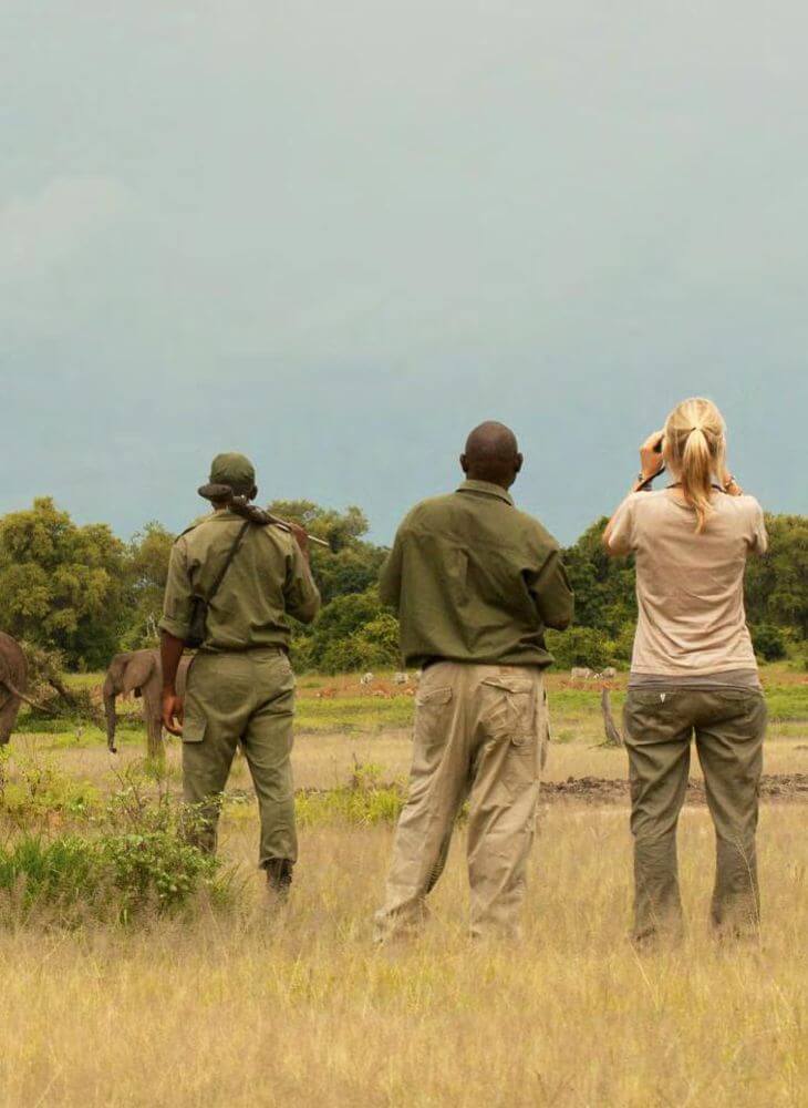two guides carrying a gun and a woman looking through binoculars walk over to an elephant on private Masai Mara 3 day safari tours